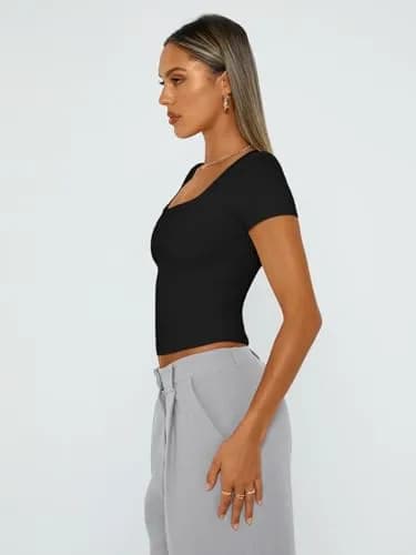 Trendy Queen Double Lined Square Neck Crop Top Medium Black | Breathable & Stretchable for Spring Summer thumbnail 5