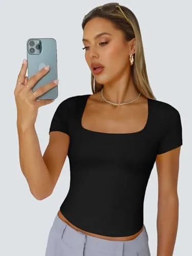 Trendy Queen Double Lined Square Neck Crop Top Medium Black | Breathable & Stretchable for Spring Summer thumbnail 2