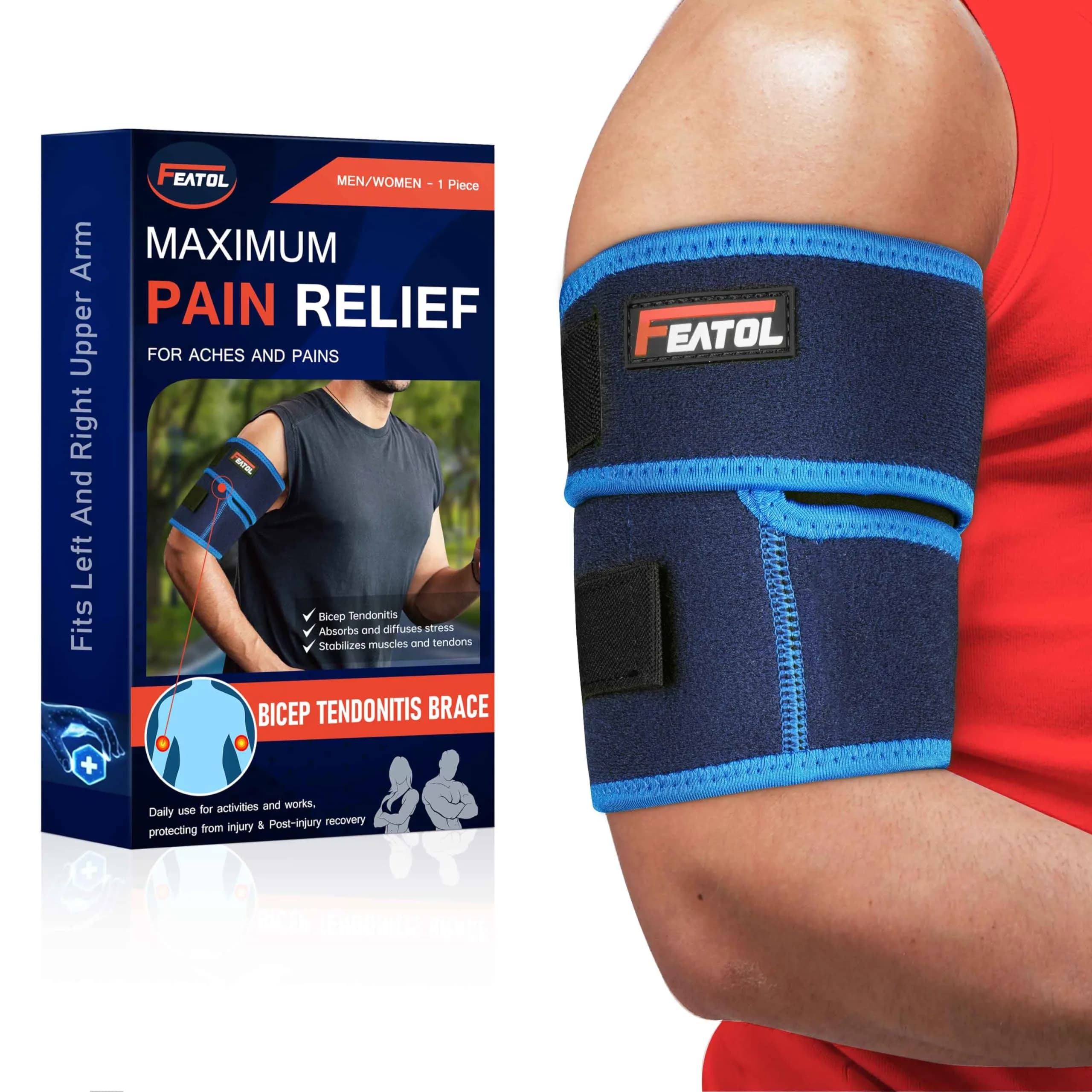 FEATOL Bicep Tendonitis Brace Upper Arm Compression Sleeve Support Bands | All-Day Comfort & Pain Relief — Blue