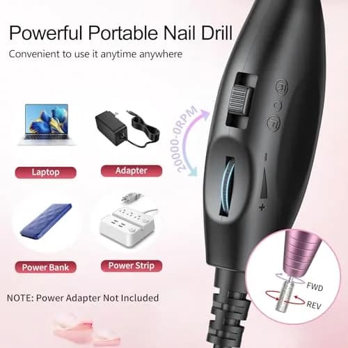 Melodly Electric Nail Drill Kit, Portable USB Efile Set with Iridescent Bits & Sanding Bands, Pink | 20000 RPM thumbnail 5
