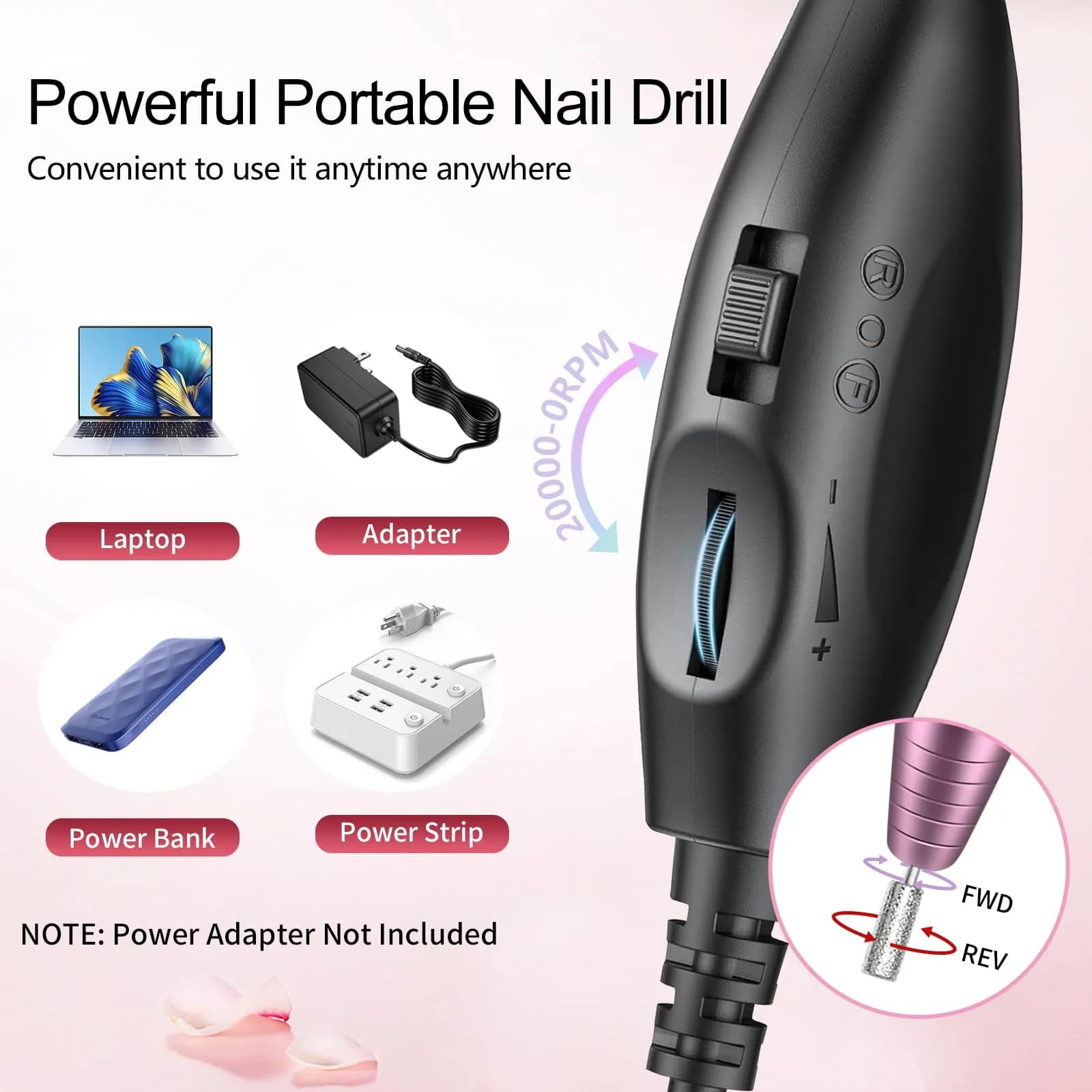 Melodly Electric Nail Drill Set with USB Power, Pink Portable Efile Machine for Acrylic & Gel Nails (20,000 RPM) - view 5