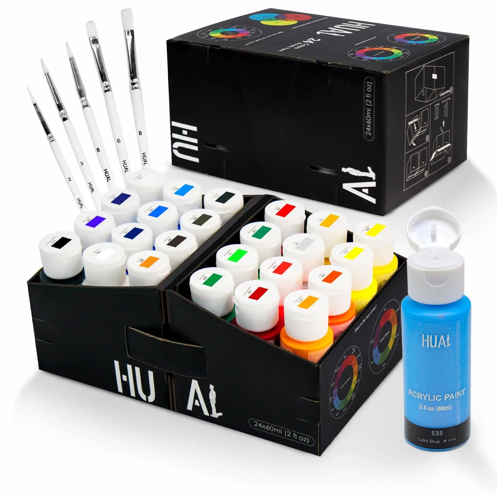 HUAL Acrylic Paint Set with 5 Brushes, 24 Colors (60ml / 2 Fl Oz Each) | ASTM D-4236 Certified Non-Toxic — Clear Bottle