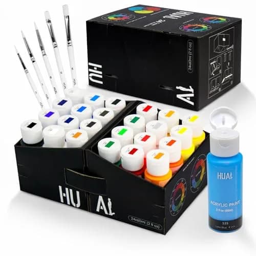 HUAL Acrylic Paint Set with 5 Brushes, 24 Colors (60ml / 2 Fl Oz Each) | ASTM D-4236 Certified Non-Toxic - main product image