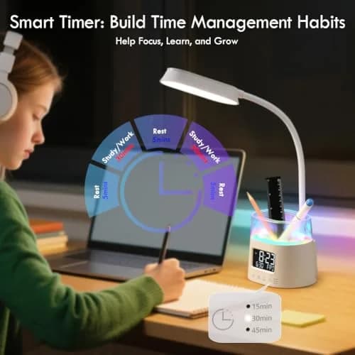 WILIT LED Desk Lamp for Home Office with Pen Holder, RGB Night Light, White | Adjustable Brightness & Timer thumbnail 3