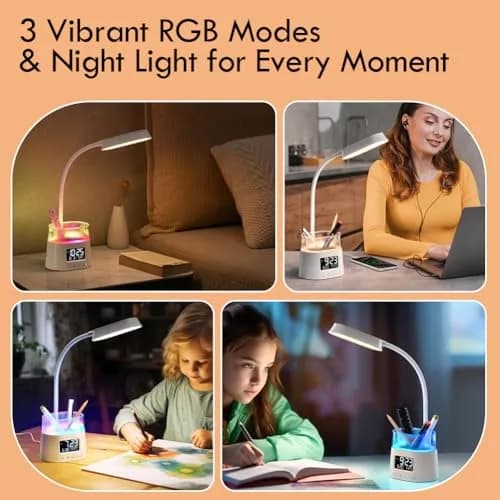 WILIT LED Desk Lamp for Home Office with Pen Holder, RGB Night Light, White | Adjustable Brightness & Timer thumbnail 4