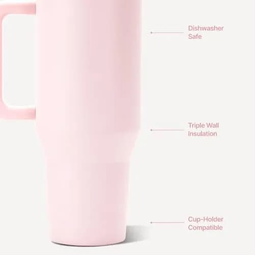 HydroJug Traveler 40oz Insulated Tumbler with Handle & Straw | Leak-Resistant Stainless Steel Water Bottle in Pink Sand thumbnail 3