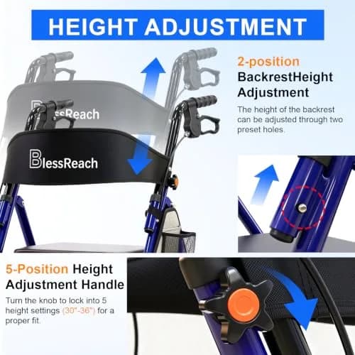 BlessReach Blue Walker | Lightweight Foldable Rollator with Seat for Seniors thumbnail 2