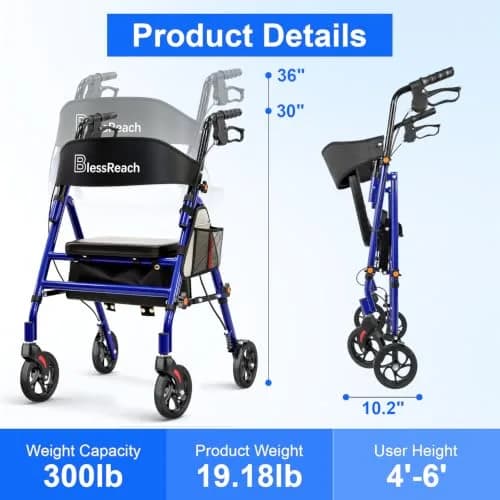 BlessReach Blue Walker | Lightweight Foldable Rollator with Seat for Seniors thumbnail 3