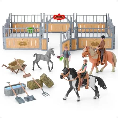 DuDuMo Horse Stable Playset with 3 Horses & 2 Riders | Realistic Farm Toy for Kids 3+ thumbnail 1