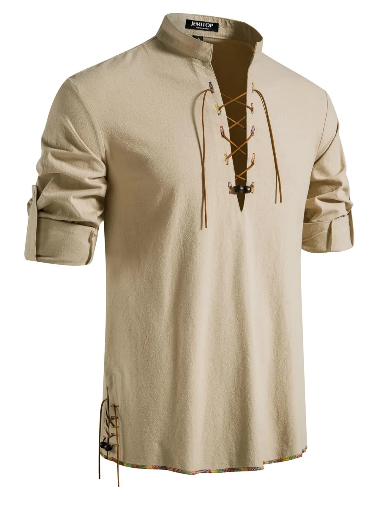 JEMITOP Men's Vintage Renaissance Costume Shirt Long Sleeve Lace Up M | Breathable Cotton for Cosplay & Halloween