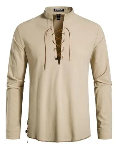 JEMITOP Men's Vintage Renaissance Costume Shirt Long Sleeve Lace Up M | Breathable Cotton for Cosplay & Halloween thumbnail 2