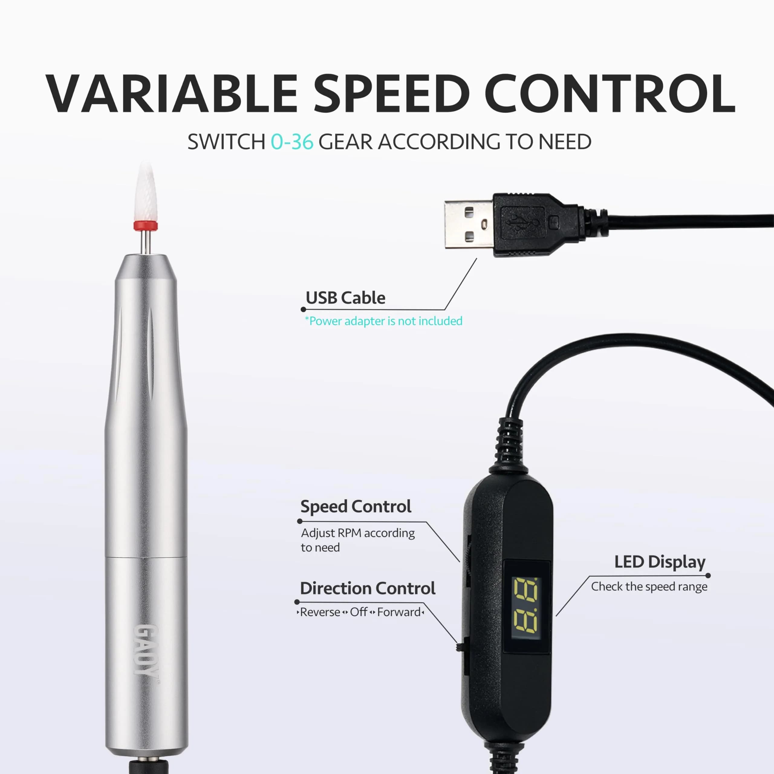 GAOY Electric Nail Drill with Bits for Acrylic & Gel Nails, USB Portable Efile for Home Salon (Silver, Aluminum Lightweight) | Professional Quality for Indian Homes - view 4