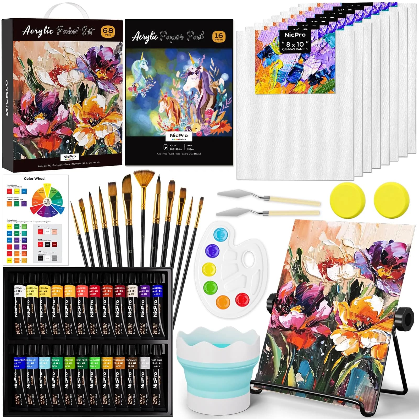 Nicpro 68PCS Acrylic Paint Canvas Set for Adults with 24 Paints | Complete Art Kit for Beginners