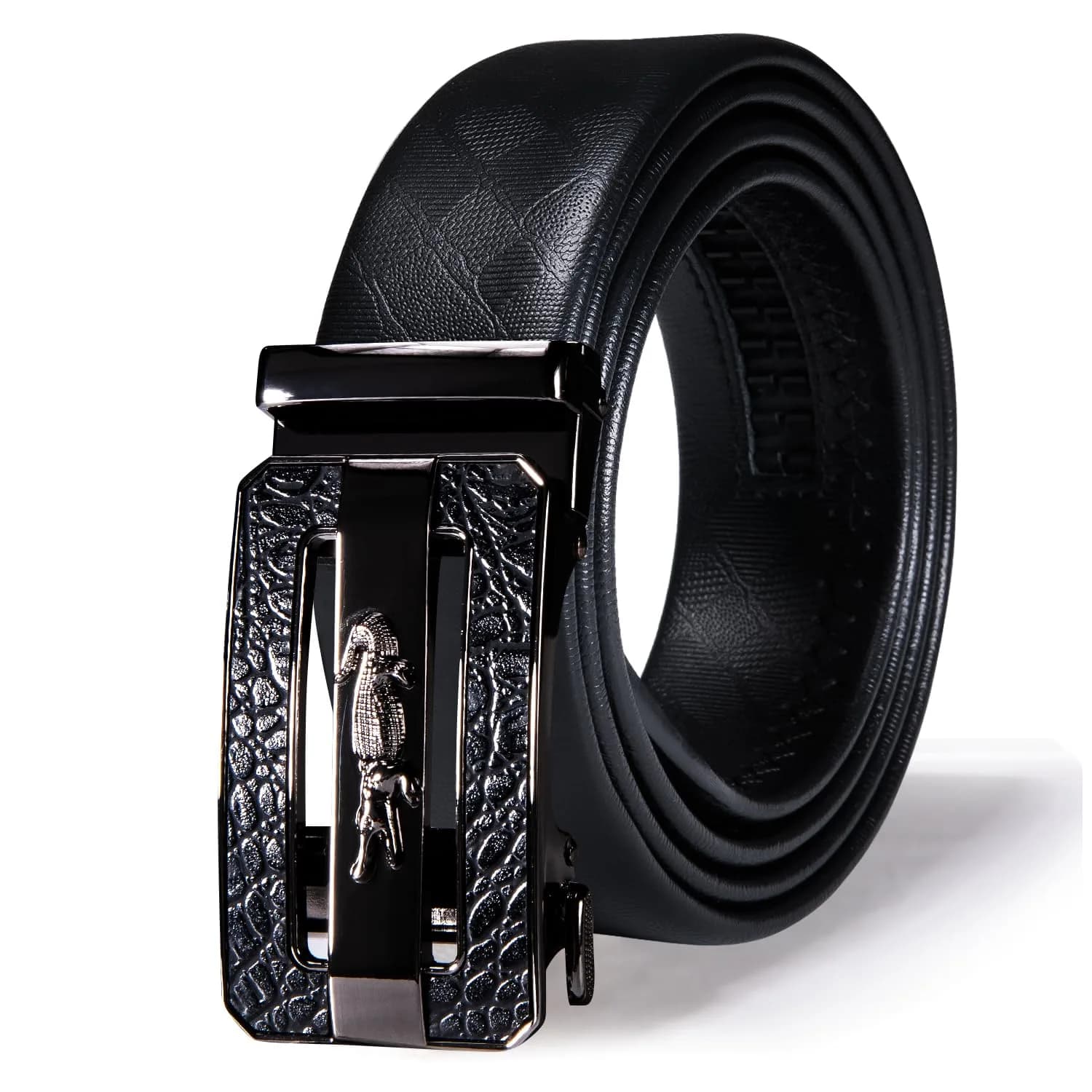 Dubulle Mens Ratchet Belt Leather Designer Black Slide Buckle Dress Belts | Adjustable, Genuine Leather, Gift Box — Black Crocodile Hollow Buckle