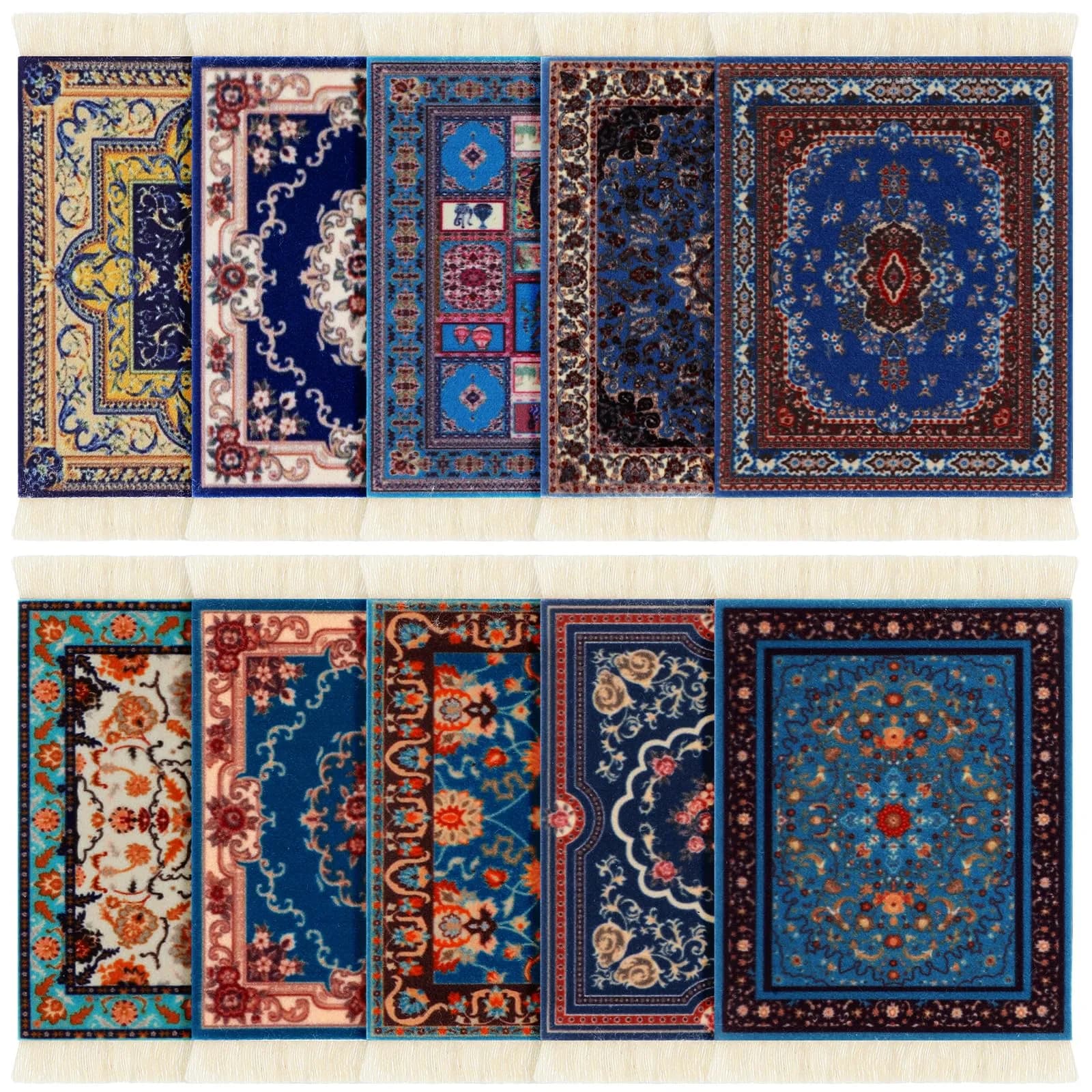 Preboun Rug Style Coasters Set of 10 | Vibrant Oriental Rug Design for Home & Office — Assorted Colors