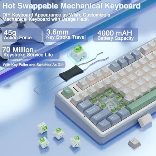 AULA F75 75% Wireless Mechanical Keyboard, Hot-Swappable Creamy Switches, RGB Backlit, 2.4GHz/Type-C/BT5.0 (White & Green) thumbnail 4