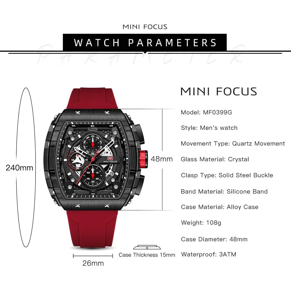 MF MINI FOCUS Men's Tonneau Chronograph Watch 42mm (1.65in) | Luminous Dial, 30M Water Resistant, Silicone Strap - view 6