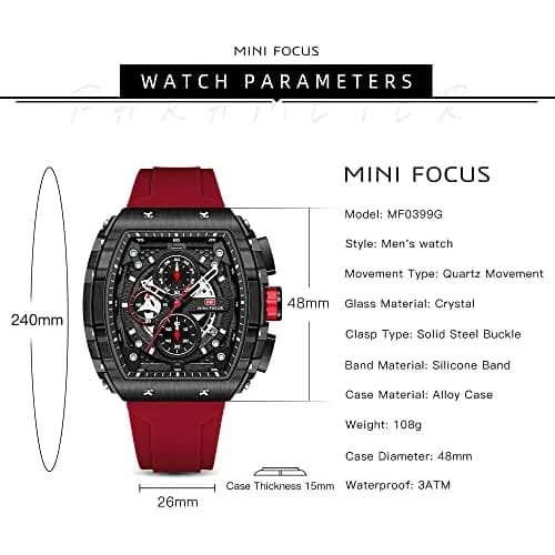 MF MINI FOCUS Men's Tonneau Chronograph Watch 42mm (1.65in) | Luminous Dial, 30M Water Resistant, Silicone Strap thumbnail 6