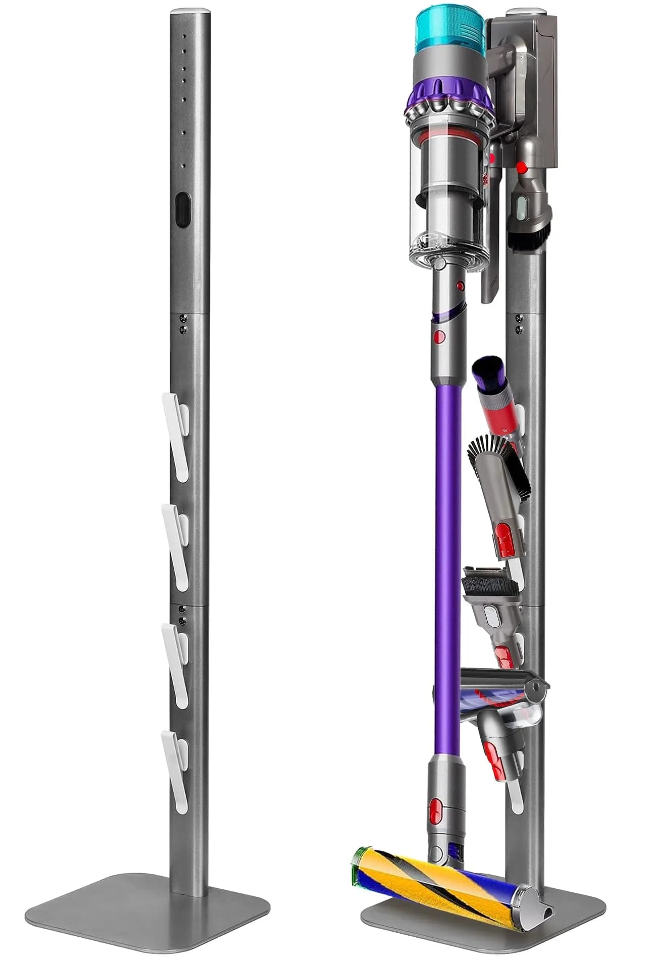 Haturi Metal Vacuum Stand for Dyson Cordless Vacuums | Heavy-Duty Organizer with 4 Hooks — Gray / with Square Base