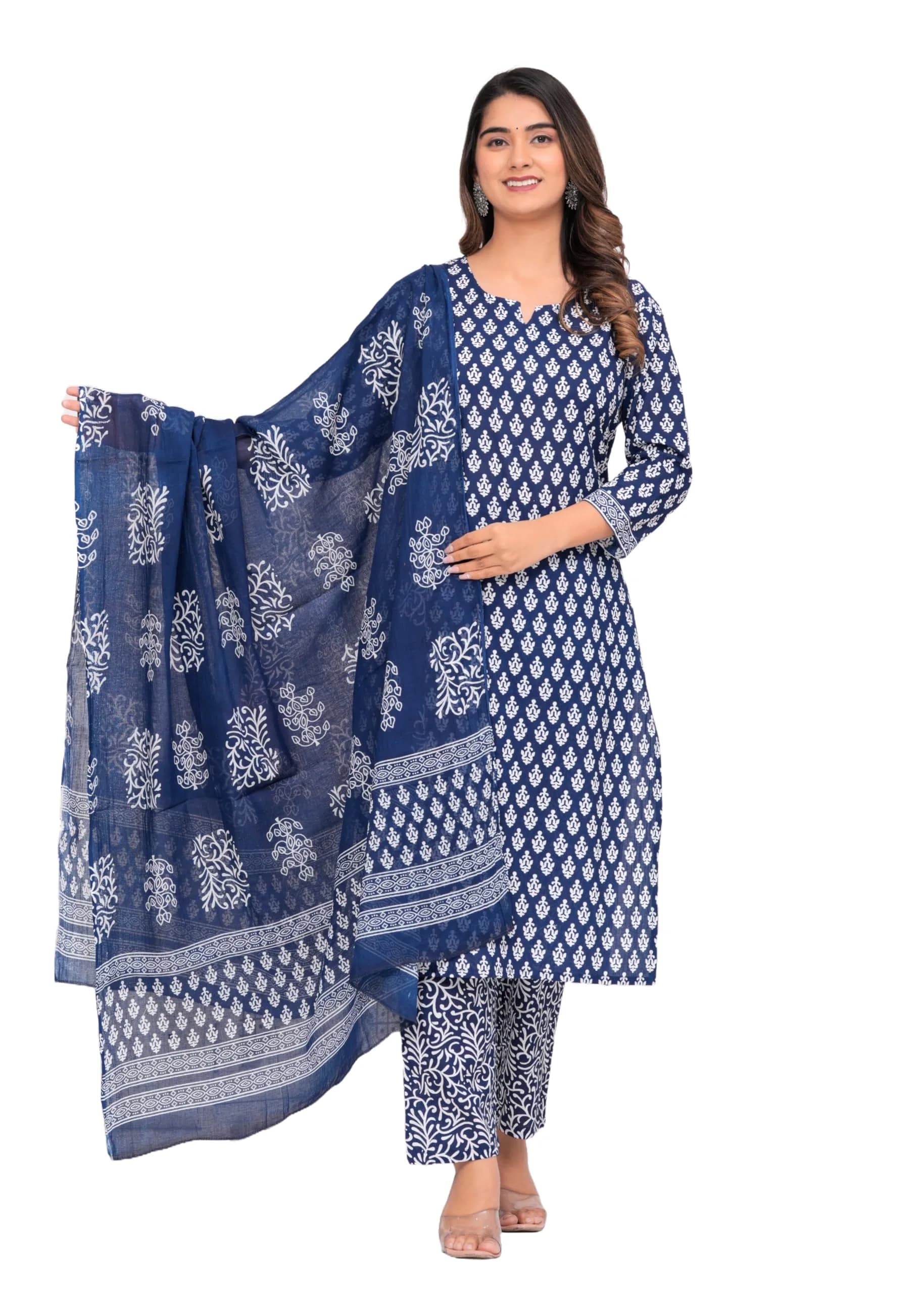 Meera Fab Women's Cotton Printed Straight Kurta with Palazzo & Dupatta Set Blue | 3-Piece Ethnic Wear — Blue
