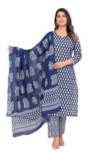 Meera Fab Women's Cotton Printed Straight Kurta with Palazzo & Dupatta Set Blue | 3-Piece Ethnic Wear thumbnail 1
