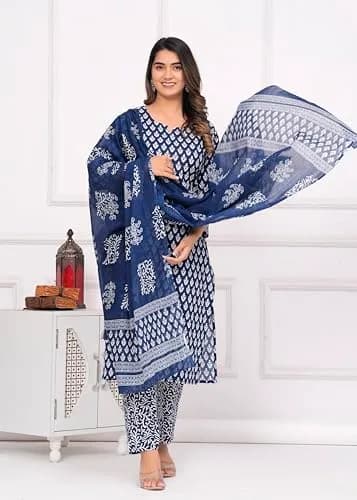 Meera Fab Women's Cotton Printed Straight Kurta with Palazzo & Dupatta Set Blue | 3-Piece Ethnic Wear thumbnail 4