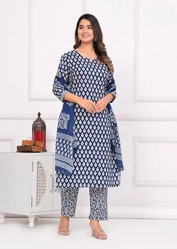 Meera Fab Women's Cotton Printed Straight Kurta with Palazzo & Dupatta Set Blue | 3-Piece Ethnic Wear thumbnail 5