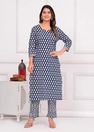 Meera Fab Women's Cotton Printed Straight Kurta with Palazzo & Dupatta Set Blue | 3-Piece Ethnic Wear thumbnail 6
