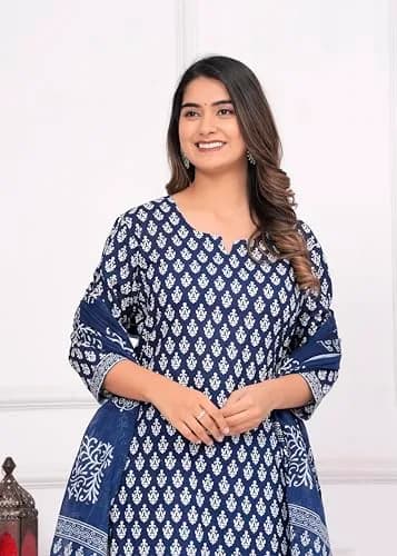 Meera Fab Women's Cotton Printed Straight Kurta with Palazzo & Dupatta Set Blue | 3-Piece Ethnic Wear thumbnail 7