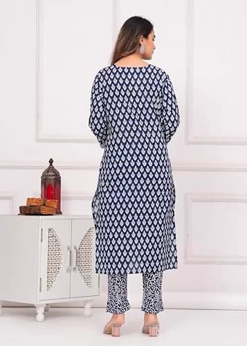 Meera Fab Women's Cotton Printed Straight Kurta with Palazzo & Dupatta Set Blue | 3-Piece Ethnic Wear thumbnail 9