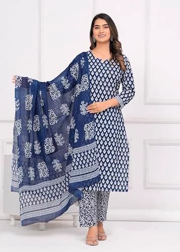Meera Fab Women's Cotton Printed Straight Kurta with Palazzo & Dupatta Set Blue | 3-Piece Ethnic Wear thumbnail 2