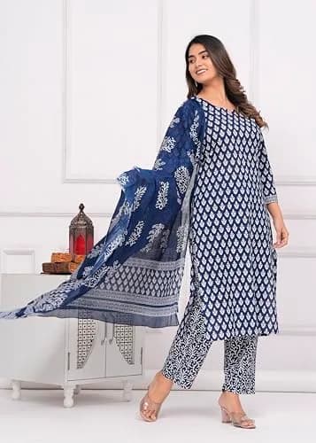 Meera Fab Women's Cotton Printed Straight Kurta with Palazzo & Dupatta Set Blue | 3-Piece Ethnic Wear thumbnail 3
