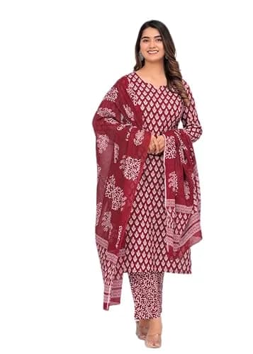 Meera Fab Women's Cotton Printed Kurta with Palazzo & Dupatta Set in Maroon | Light, Trendy & Soft thumbnail 1