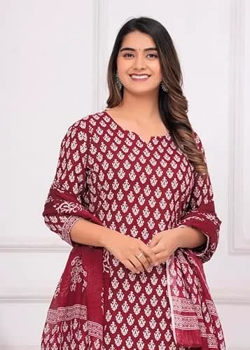 Meera Fab Women's Cotton Printed Kurta with Palazzo & Dupatta Set in Maroon | Light, Trendy & Soft thumbnail 5