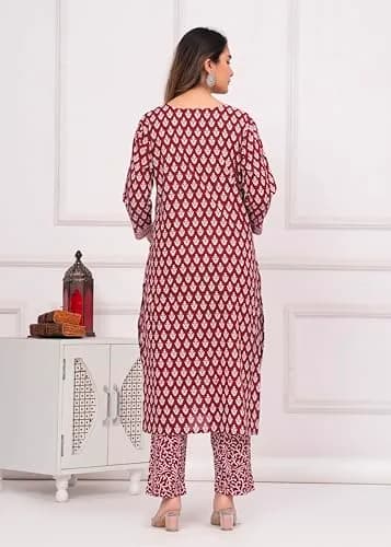 Meera Fab Women's Cotton Printed Kurta with Palazzo & Dupatta Set in Maroon | Light, Trendy & Soft thumbnail 7
