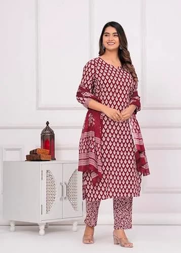 Meera Fab Women's Cotton Printed Kurta with Palazzo & Dupatta Set in Maroon | Light, Trendy & Soft thumbnail 8
