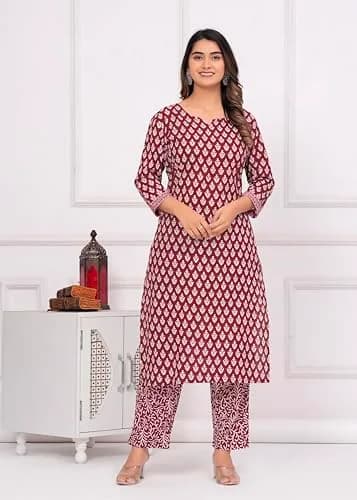 Meera Fab Women's Cotton Printed Kurta with Palazzo & Dupatta Set in Maroon | Light, Trendy & Soft thumbnail 9