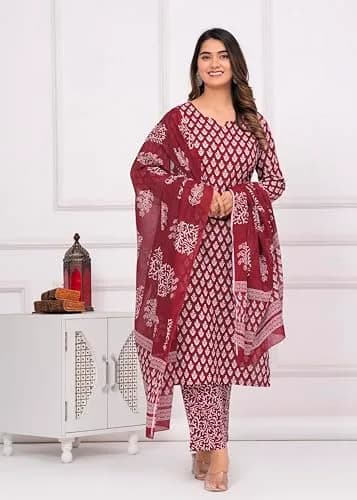 Meera Fab Women's Cotton Printed Kurta with Palazzo & Dupatta Set in Maroon | Light, Trendy & Soft thumbnail 2