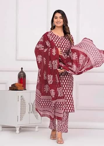 Meera Fab Women's Cotton Printed Kurta with Palazzo & Dupatta Set in Maroon | Light, Trendy & Soft thumbnail 3