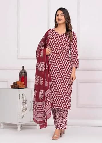 Meera Fab Women's Cotton Printed Kurta with Palazzo & Dupatta Set in Maroon | Light, Trendy & Soft thumbnail 4