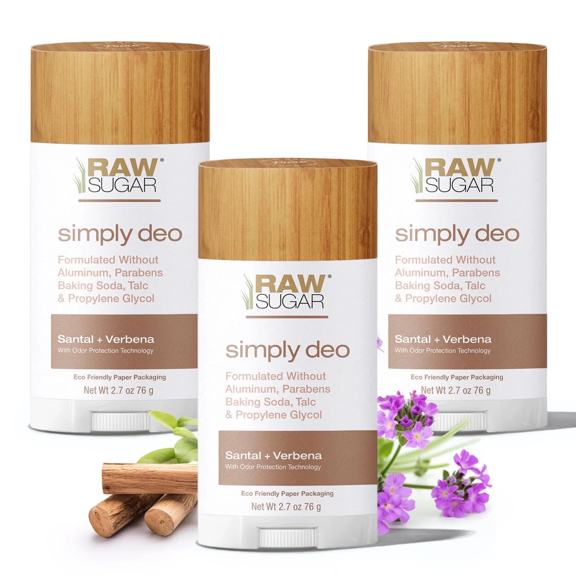 RAW SUGAR Aluminum Free Deodorant Stick Pack of 3 | Sensitive, Clean, Santal + Verbena