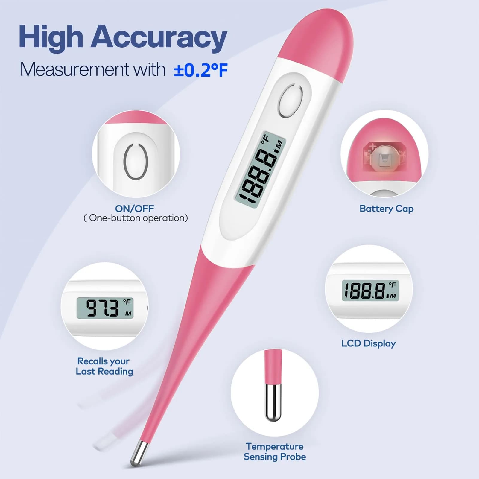 Boncare Pink Digital Oral Thermometer 10 Seconds | Accurate & Safe for Adults, Kids, Pets - view 3