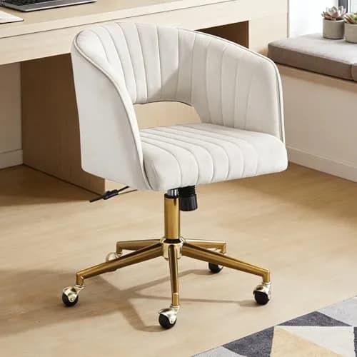 FENFSHE Home Office Desk Chair Beige | Velvet Swivel Chair with Gold Base (22.6"D x 19"W x 32.4"H) thumbnail 1