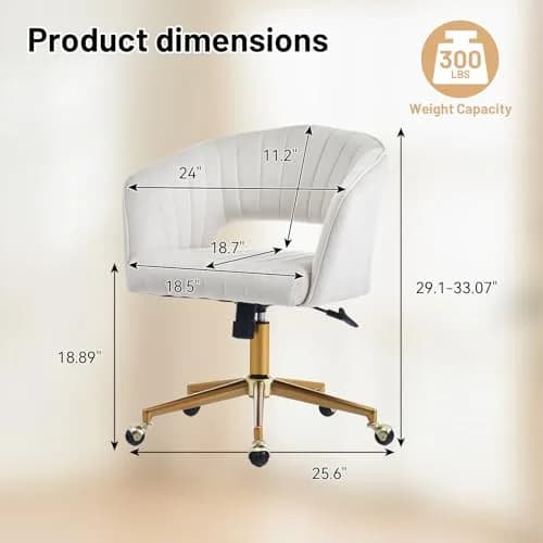 FENFSHE Home Office Desk Chair Beige | Velvet Swivel Chair with Gold Base (22.6"D x 19"W x 32.4"H) thumbnail 2