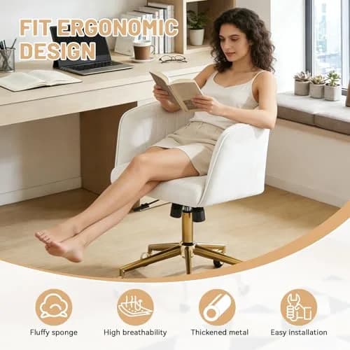FENFSHE Home Office Desk Chair Beige | Velvet Swivel Chair with Gold Base (22.6"D x 19"W x 32.4"H) thumbnail 3