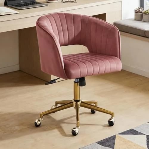 FENFSHE Velvet Vanity Chair with Swivel & Gold Base | 360° Rotation, Pink, 19.3 inches W x 23.6 inches D x 35 inches H thumbnail 1