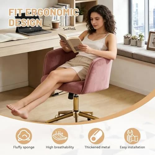 FENFSHE Velvet Vanity Chair with Swivel & Gold Base | 360° Rotation, Pink, 19.3 inches W x 23.6 inches D x 35 inches H thumbnail 3
