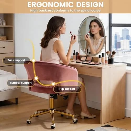 FENFSHE Velvet Vanity Chair with Swivel & Gold Base | 360° Rotation, Pink, 19.3 inches W x 23.6 inches D x 35 inches H thumbnail 4