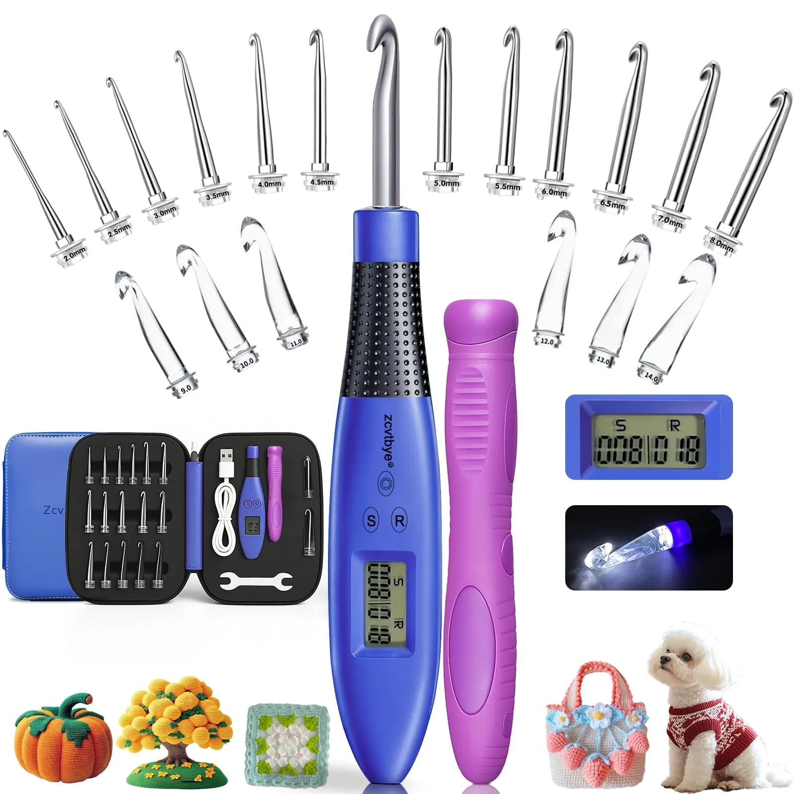 Zcvtbye Light Up Crochet Hooks Set, 12 Sizes with Digital Counters, Ergonomic, Rechargeable | Perfect for Dark Yarn Projects — Blue