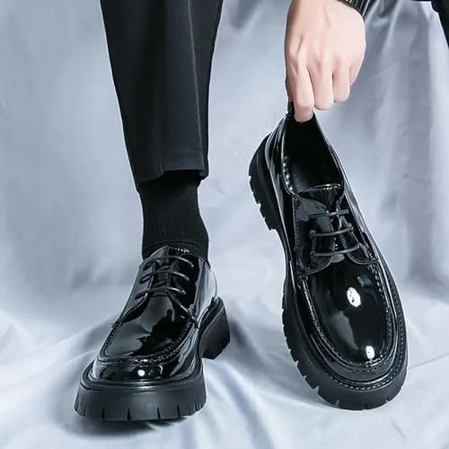 MVIOBUY Men's Black Leather Platform Lace Up Loafers | Size 8.5 Wide (24 cm) thumbnail 4